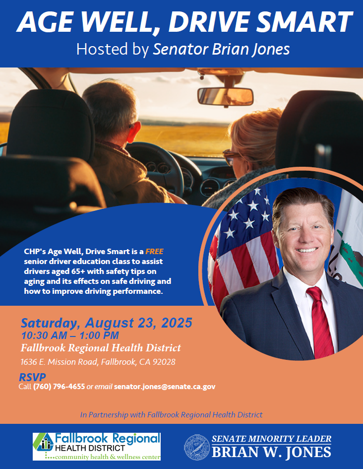 A senior driving education class hosted by Senator Brian Jones at Fallbrook Regional Health District on August 23, 2025.