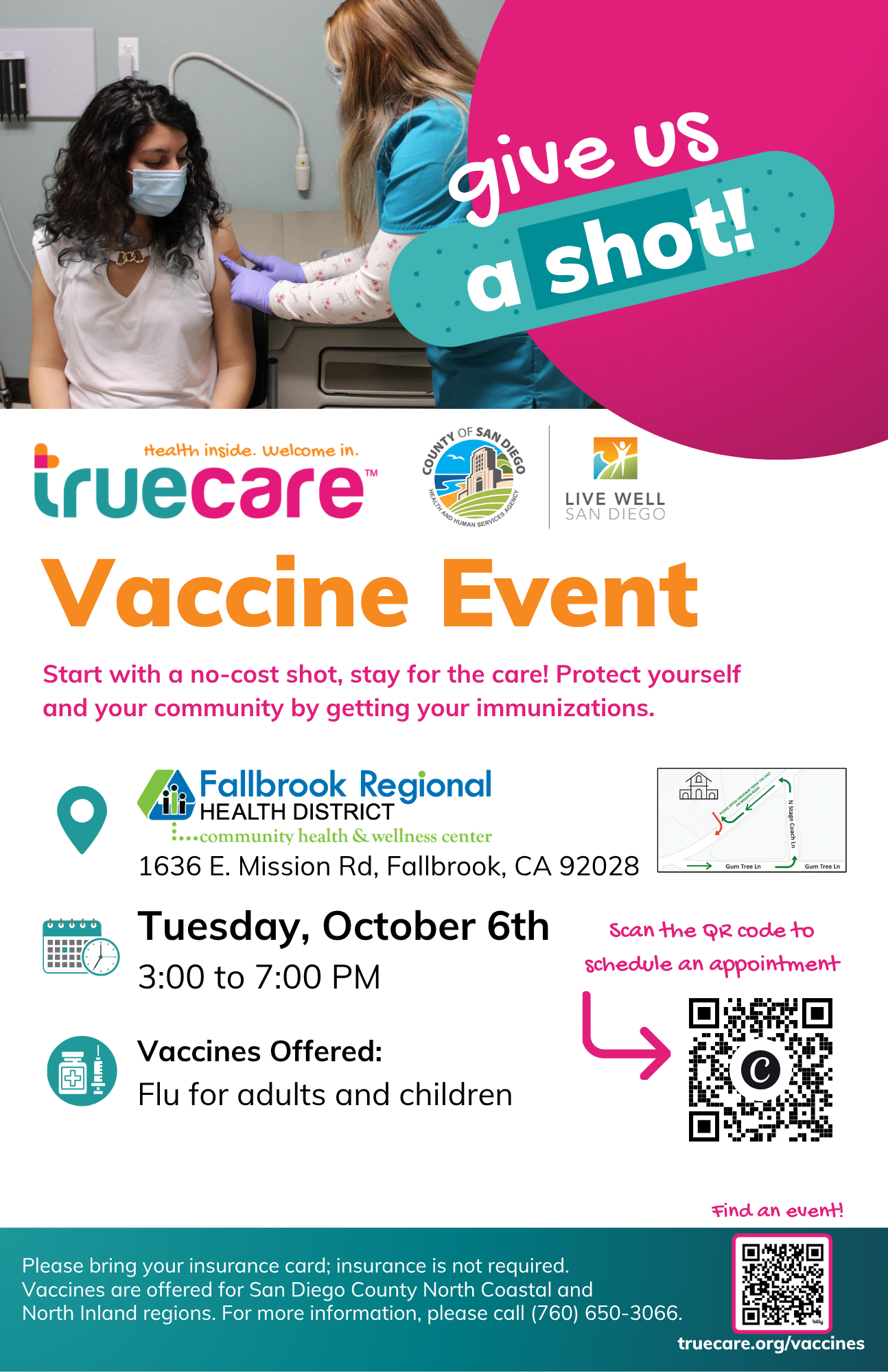 TrueCare Vaccine Event on Oct 6, 3-7 PM at Fallbrook Regional Health. Flu shots available for all. No-cost, appointments recommended.
