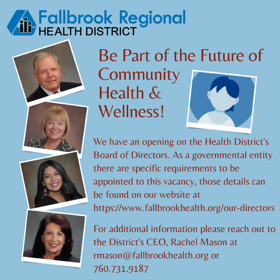 Poster of 4 board members and "Be Part of the Future of Community Health & Wellness" and details.