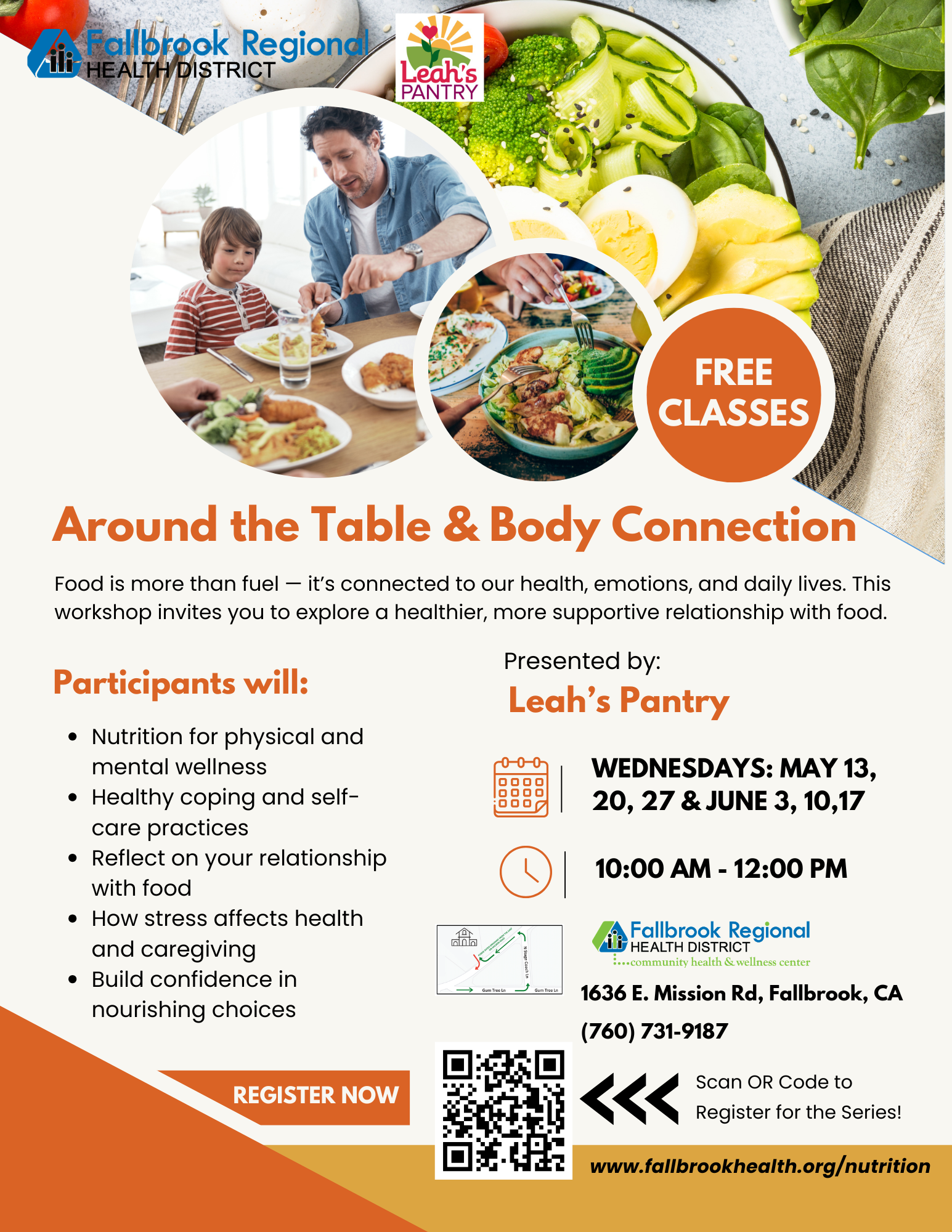 Free classes on nutrition, wellness, and self-care by Leah's Pantry at Fallbrook Regional Health District, starting May 13.