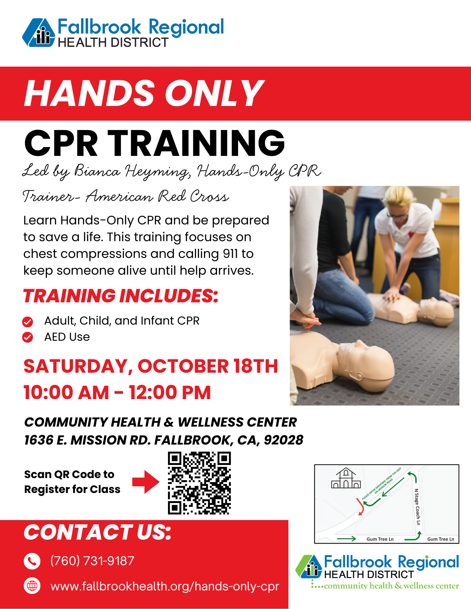 Hands-only CPR training event on Oct 18, 10AM-12PM, at Fallbrook Health Center. Includes adult, child, infant CPR, and AED use.