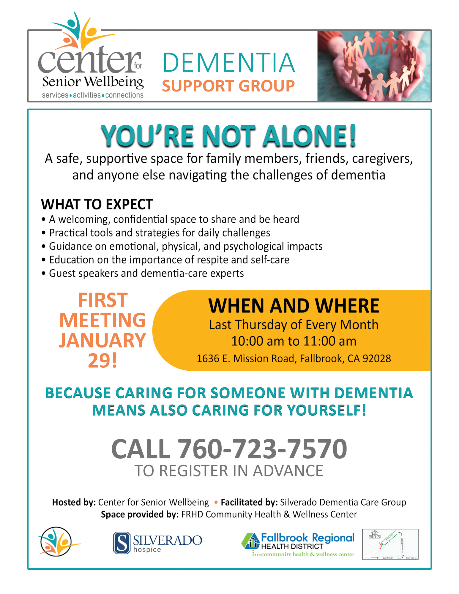 A support group for caregivers of those with dementia meets monthly in Fallbrook. First meeting on January 29, 10 AM. Call to register.