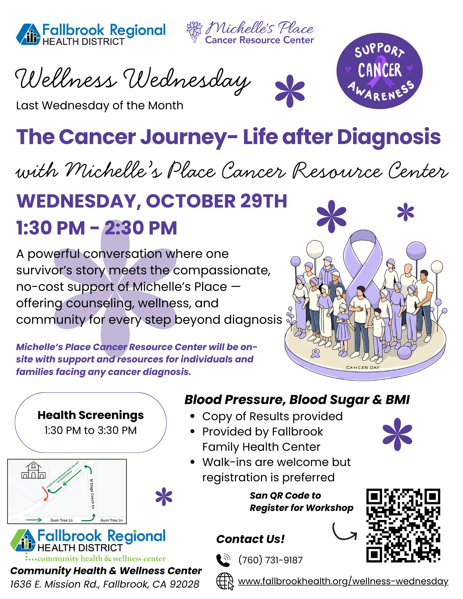 Event flyer for "The Cancer Journey" with health screenings on October 29th, 1:30-2:30 PM at Fallbrook Regional Health District.