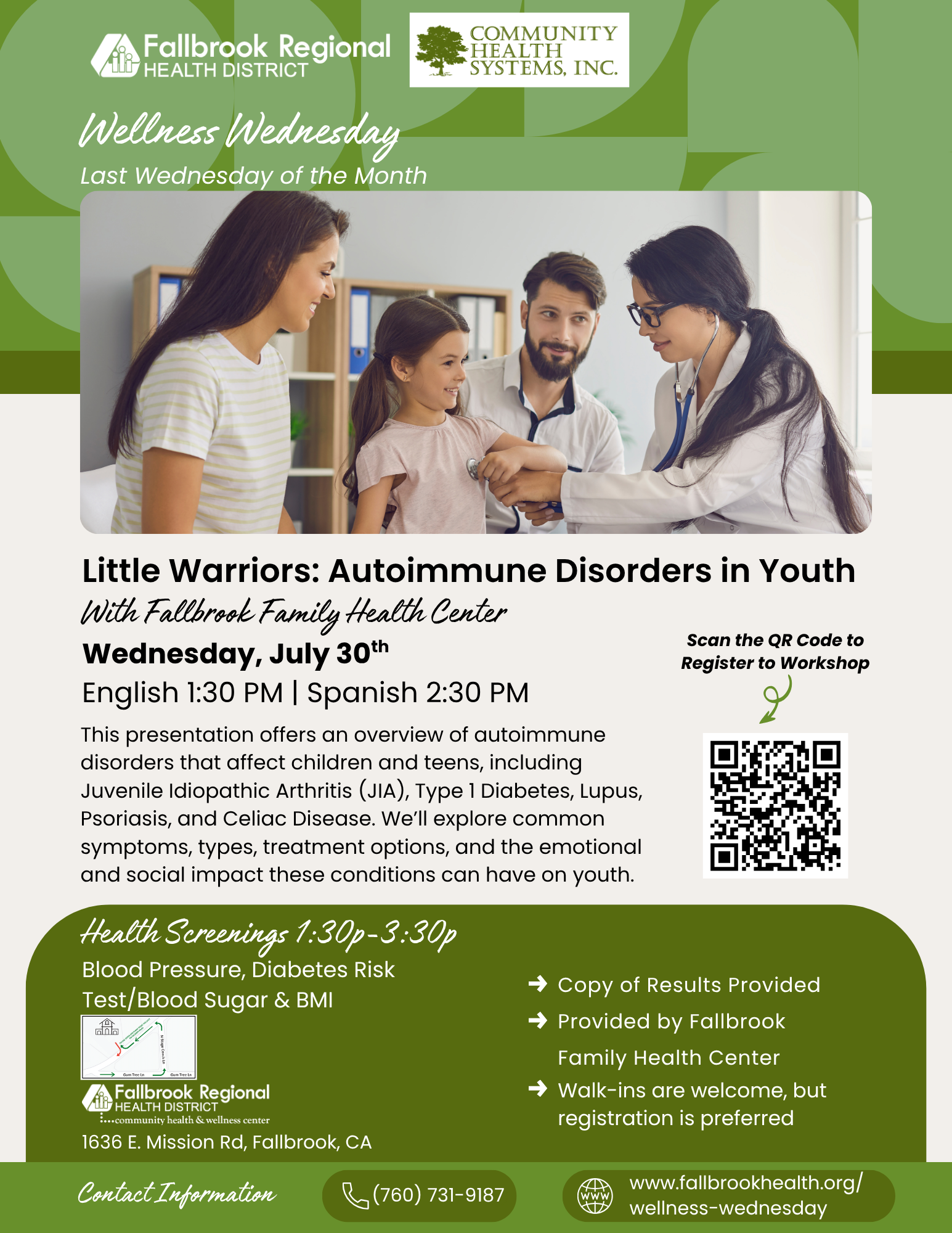 "Wellness Wednesday" flyer for autoimmune disorders workshop on July 30th, 1:30 PM English, 2:30 PM Spanish, with health screenings.