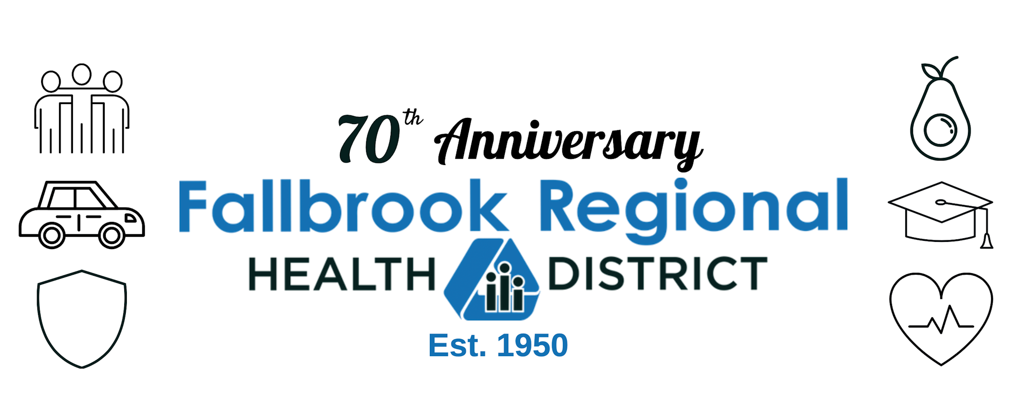 Text: “70th Anniversary and Est. 1950”. Fallbrook Regional Health District logo, drawings of people, car, medical shield, avocado, graduation cap and heart with EKG.