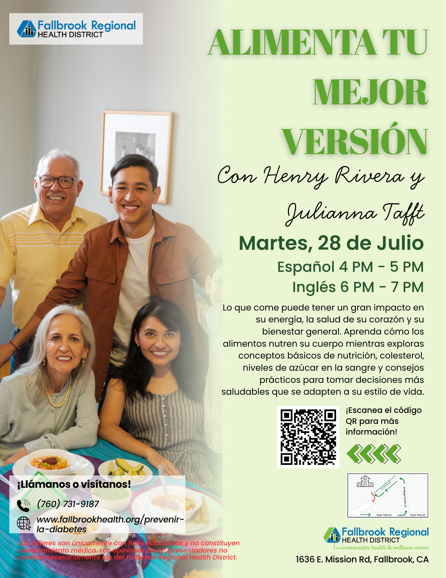 Event promoting nutrition and health with Henry Rivera and Julianna Taft on July 28: Spanish 4-5 PM, English 6-7 PM.