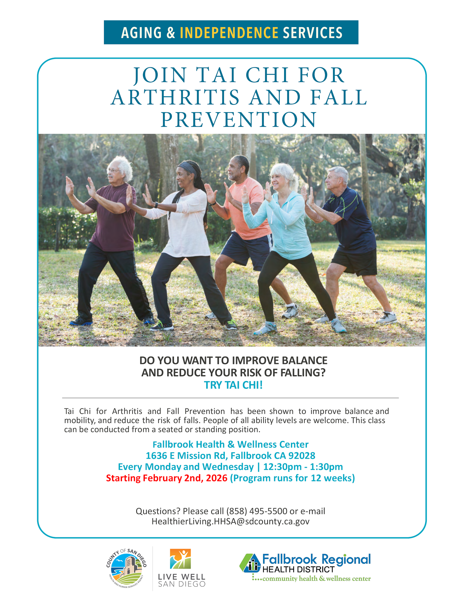 Tai Chi classes for arthritis and fall prevention at Fallbrook Health & Wellness Center, starting Feb 2, 2026.