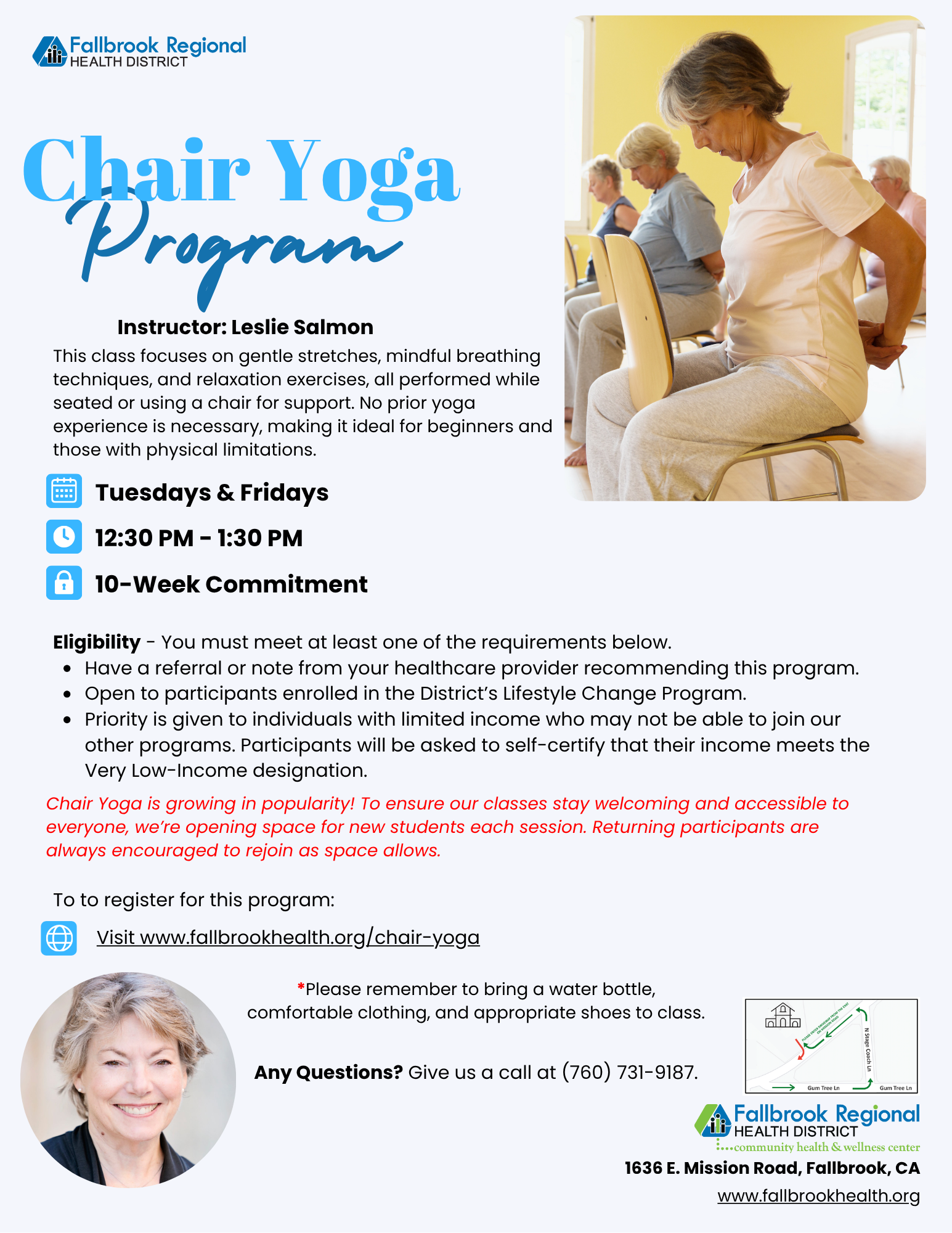 Flyer for Chair Yoga Program at Fallbrook Regional Health District, offering gentle stretches and relaxation on Tuesdays and Fridays.