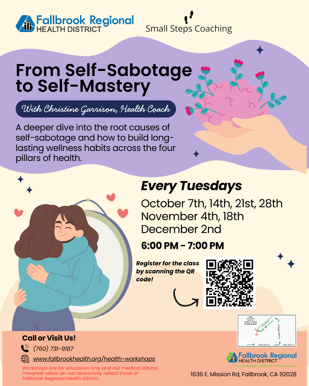 Flyer for a health workshop titled "From Self-Sabotage to Self-Mastery," with dates, time, registration info, and contact details.
