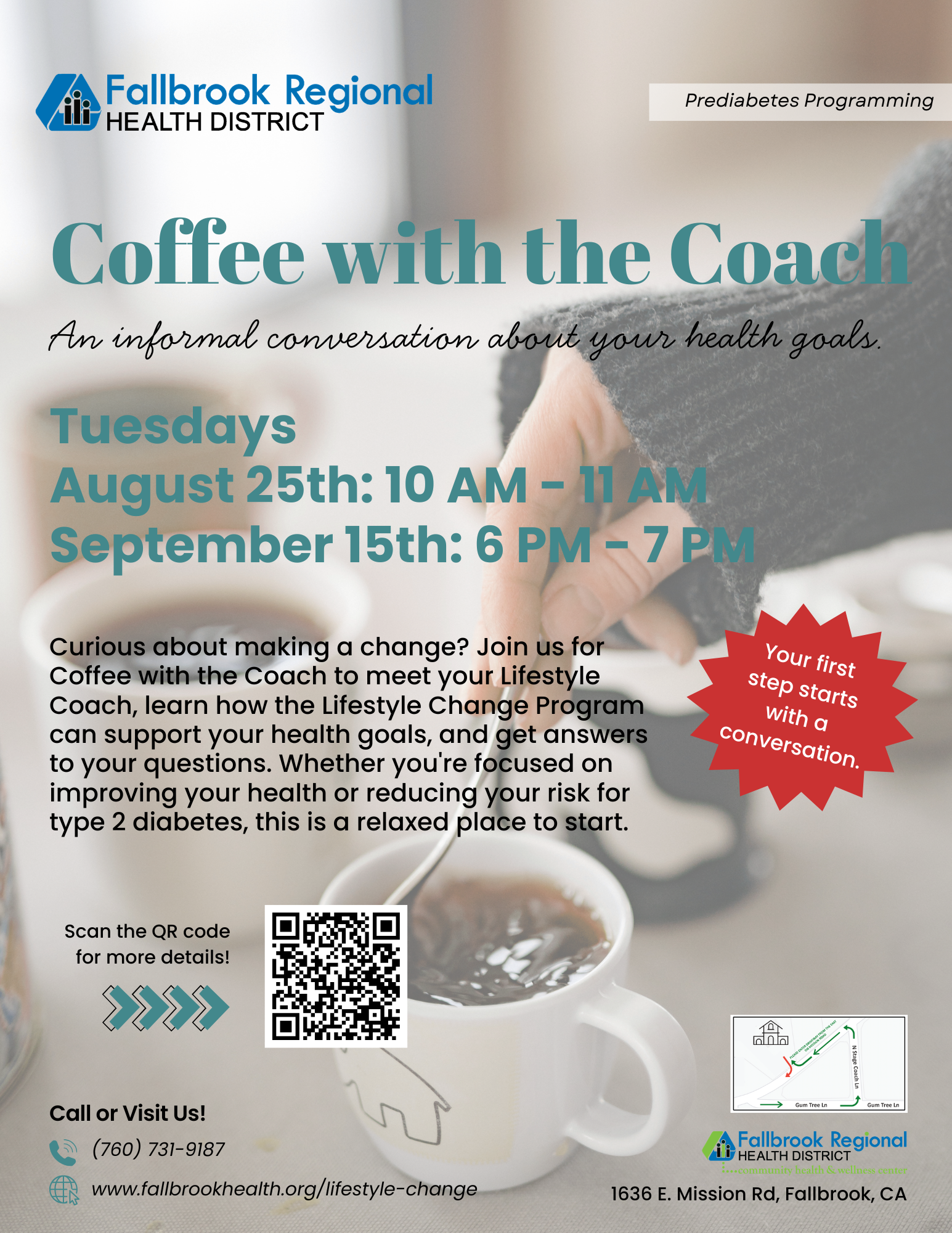 "Join 'Coffee with the Coach' for informal chats about health goals on Tuesdays, Aug 25 & Sept 15. Scan QR for details!"