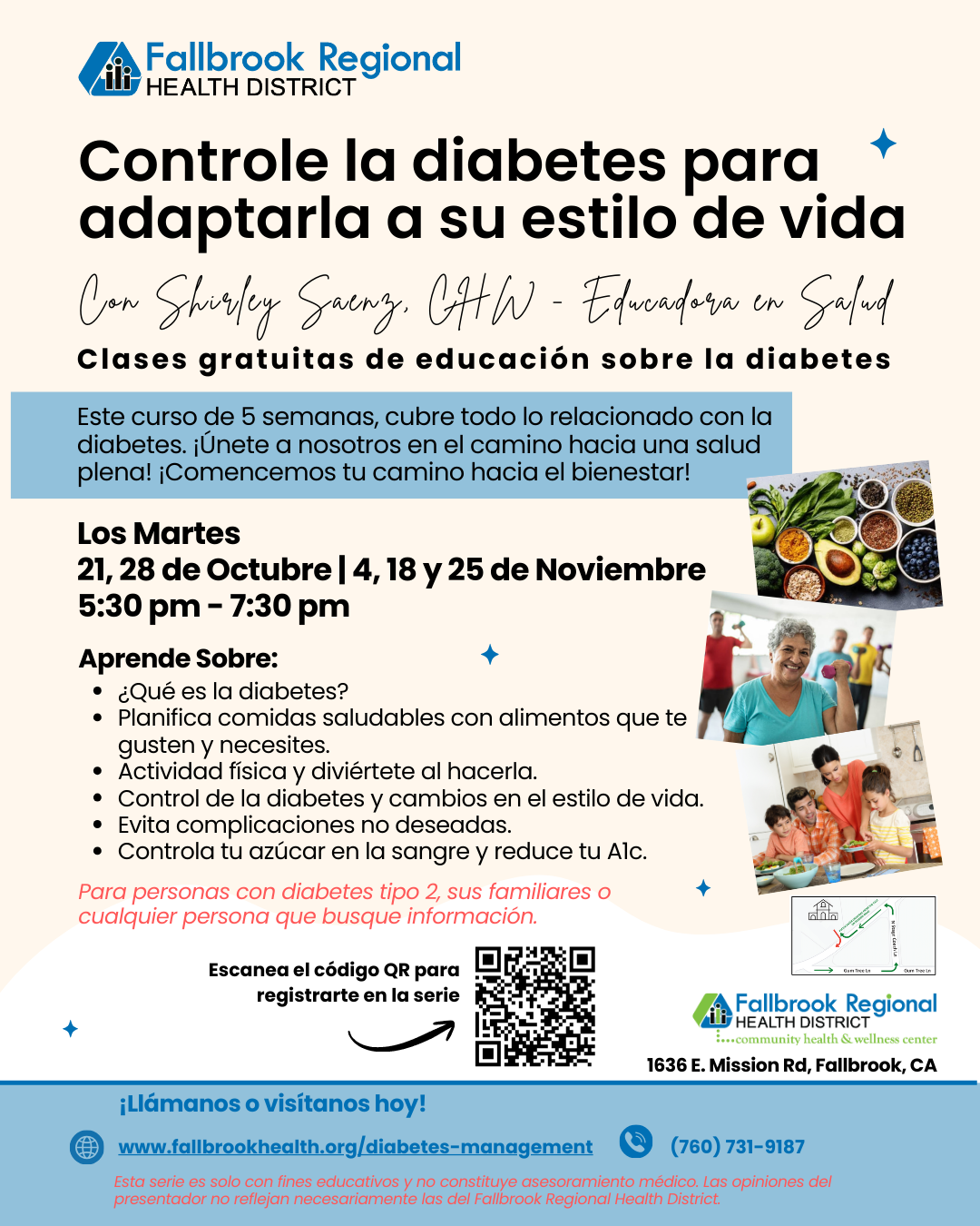 Community diabetes education classes offered by Fallbrook Regional Health District, focusing on lifestyle adaptation for type 2 diabetes.