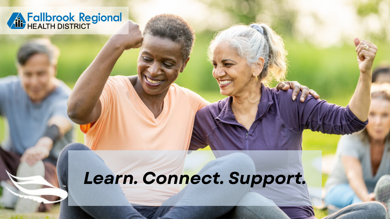 The image features two women smiling and exercising outdoors, promoting community health and support. The text reads: "Learn. Connect. Support."