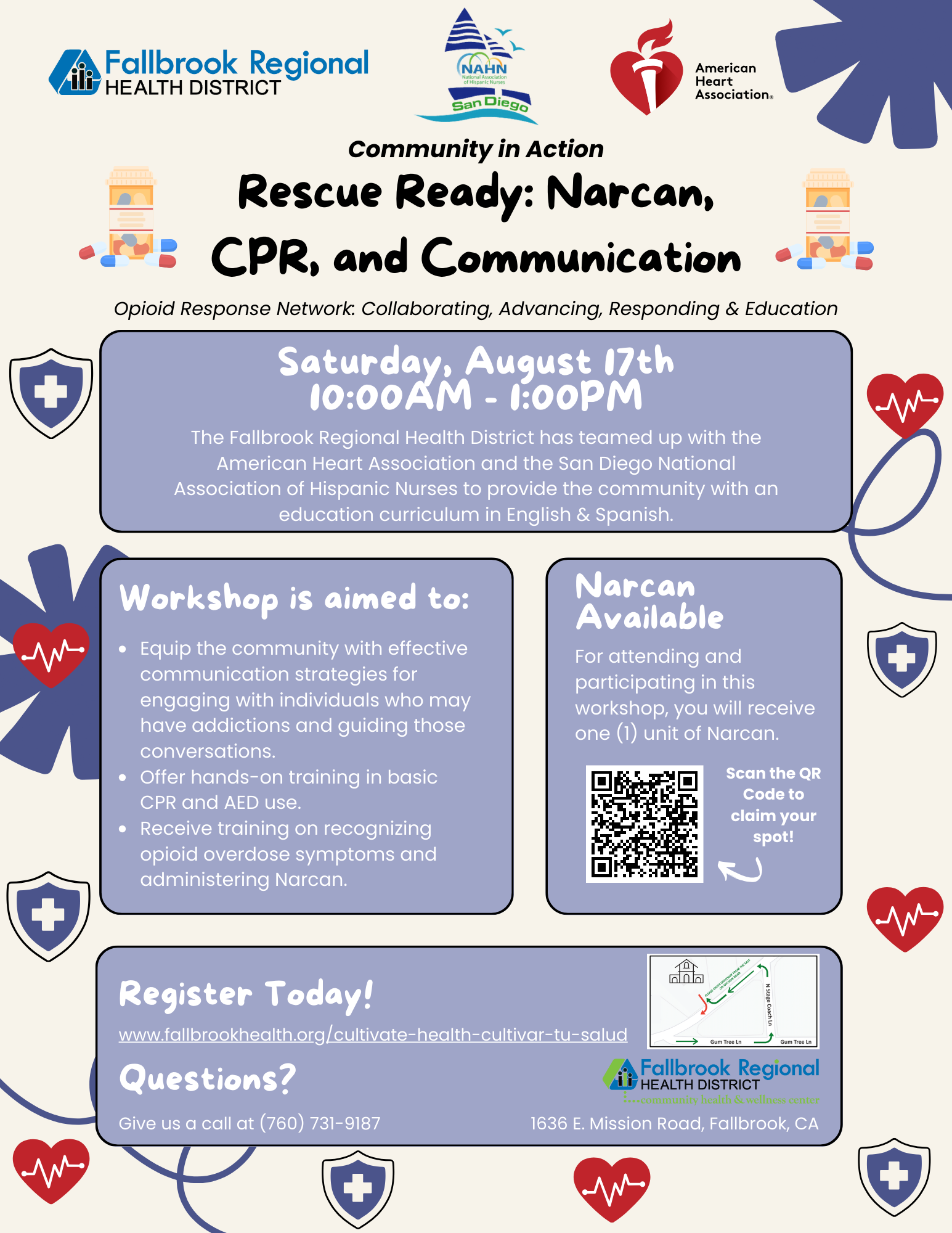 Event flyer for "Rescue Ready: Narcan, CPR, and Communication" workshop on August 17th with registration details and aims of the workshop.