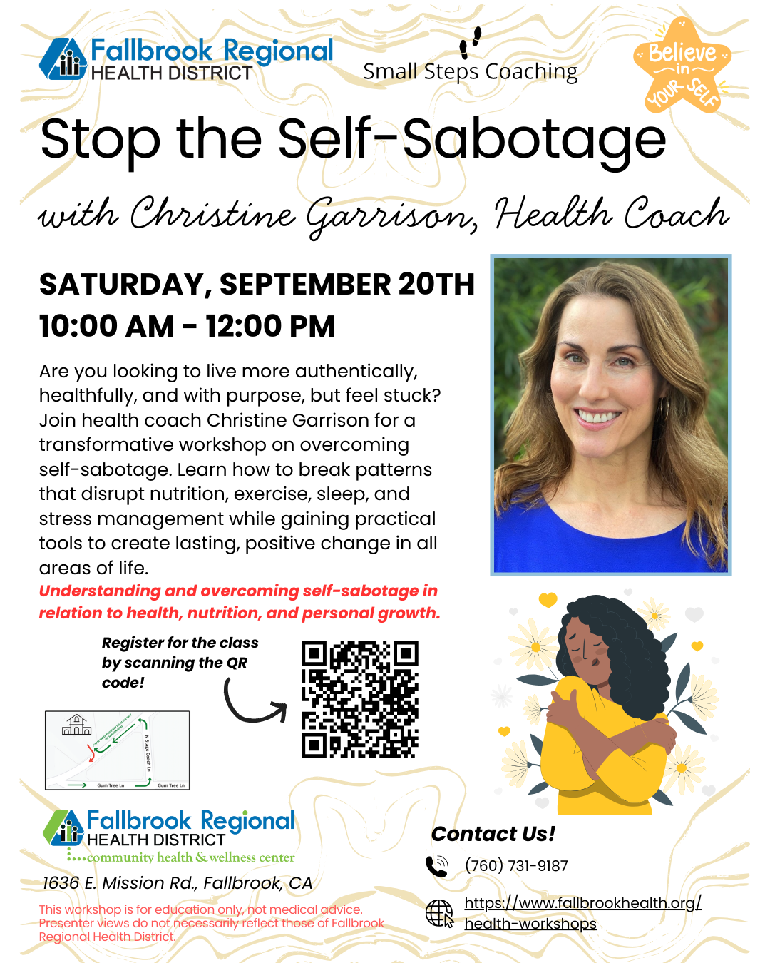 Workshop on self-sabotage with health coach Christine Garrison on Sept 20, 10 AM-12 PM. Register via QR code. Contact: (760) 731-9187.