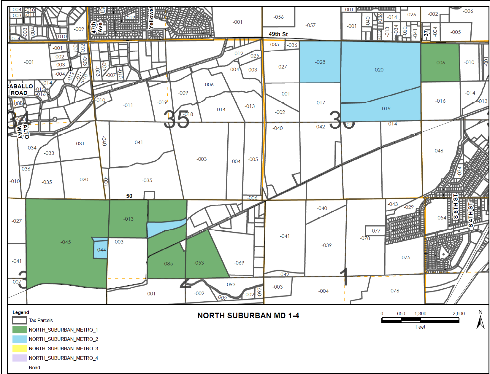Map of North Suburban MD 1-4, showing tax parcels in different colors, roads, and areas labeled with numbers.