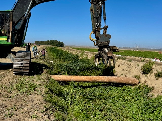 An excavator arm with a claw holding a log over a grassy area, with people walking nearby in a field.
