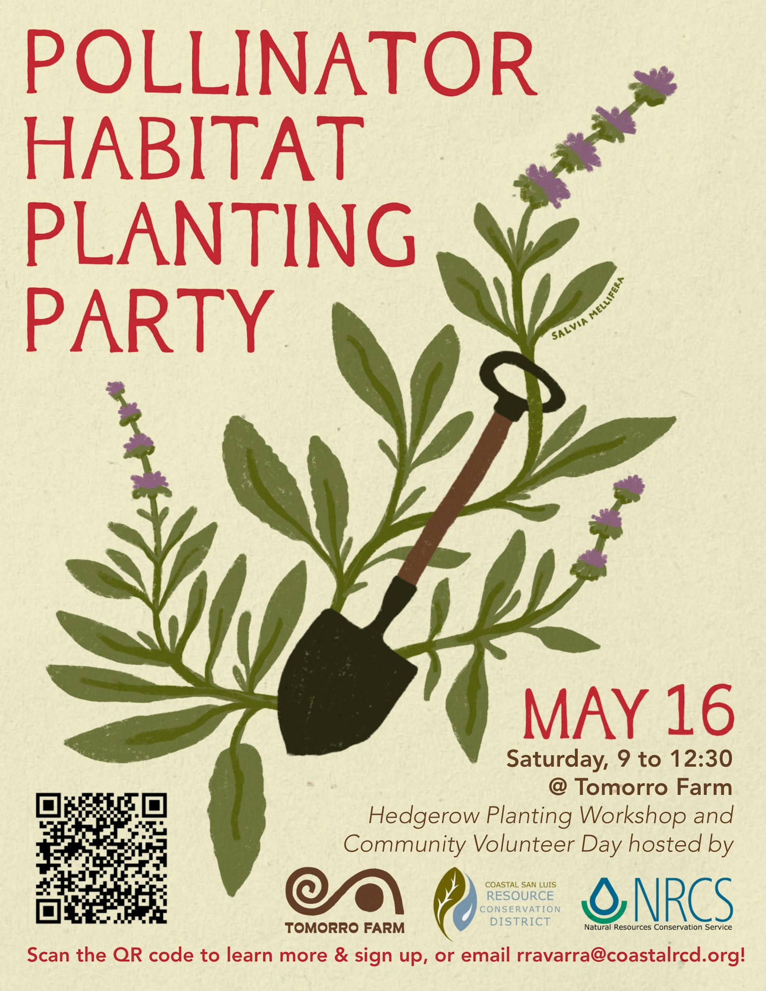 Join the Pollinator Habitat Planting Party at Tomorro Farm on May 16, 9 AM to 12:30 PM. Scan QR for details!