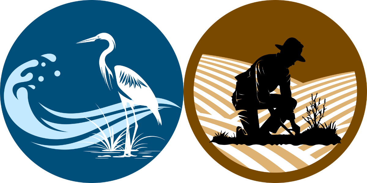 The image features two circular designs: one with a heron and water, the other with a farmer tending to crops.
