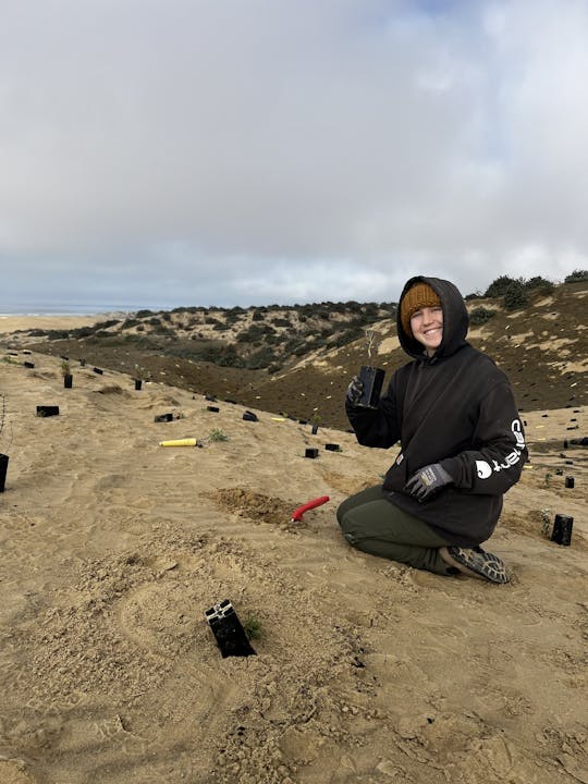 A person kneels on sandy terrain with planting tools and containers around, suggesting an outdoor planting activity.