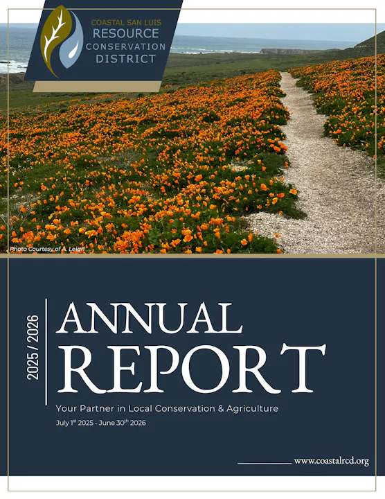 The image shows the cover of the Coastal San Luis Resource Conservation District's Annual Report for 2025/2026, featuring a scenic floral landscape.
