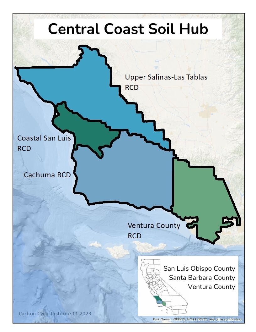 A map titled "Central Coast Soil Hub" highlights several Resource Conservation Districts (RCDs) in Central California.