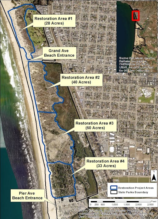 Map showing four beach restoration areas with acreage and beach entrances labeled.