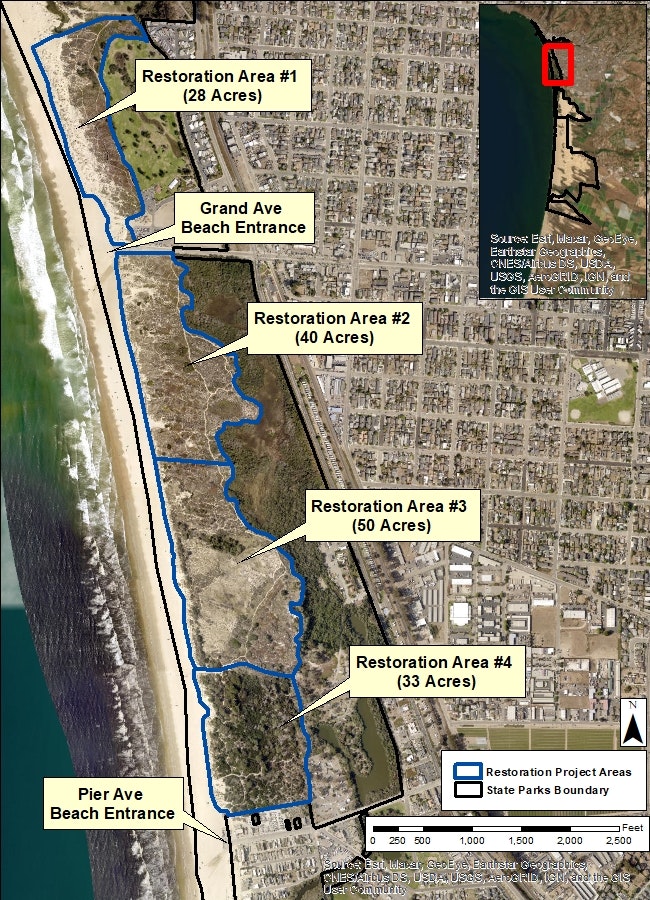 Map showing four beach restoration areas with acreage and beach entrances labeled.