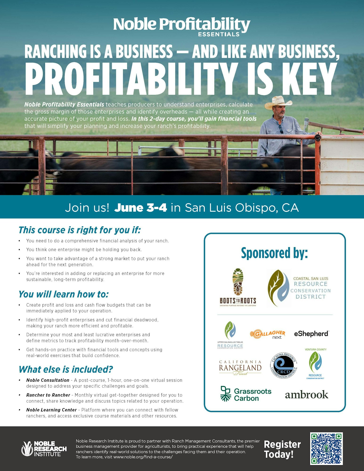 The image promotes a course on ranch profitability, taking place June 3-4 in San Luis Obispo, CA, focusing on financial analysis and management.