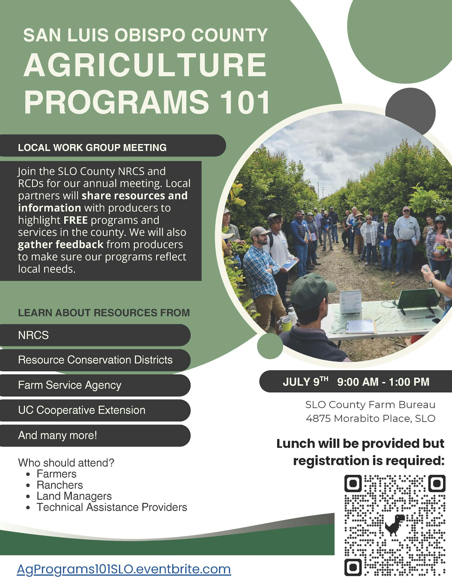 Join the SLO County Agriculture Programs 101 meeting for resources on July 9th, 9 AM-1 PM. Lunch provided, registration required.