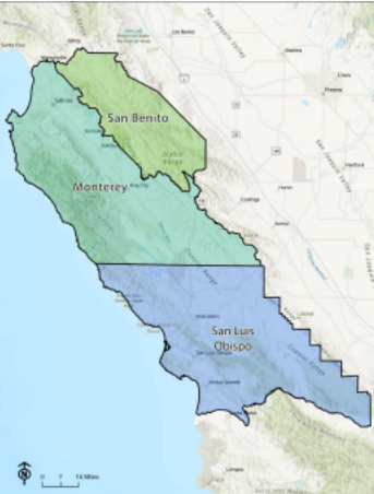 A map showing San Benito, Monterey, and San Luis Obispo counties in California, each highlighted in different colors.