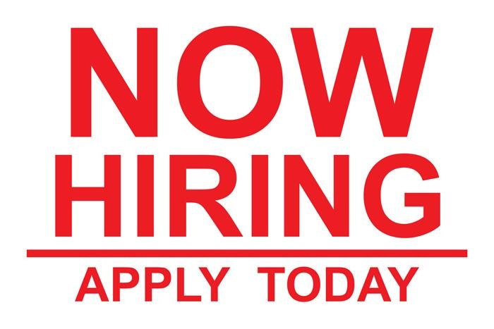 "NOW HIRING APPLY TODAY" in bold red text.