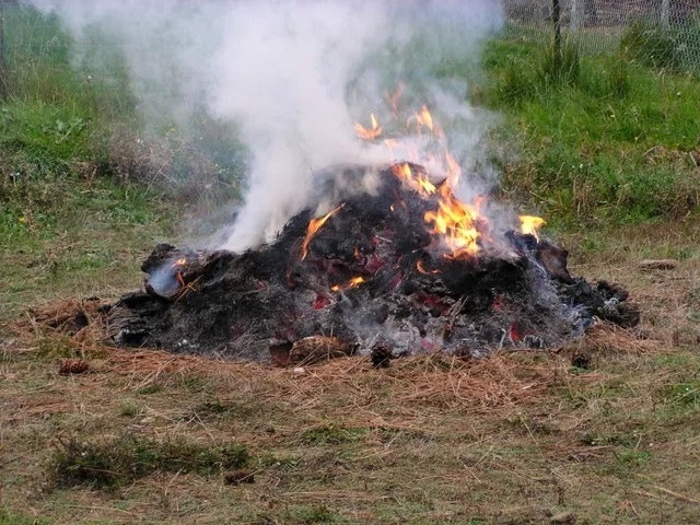 A pile of materials burning outdoors with visible flames and smoke.