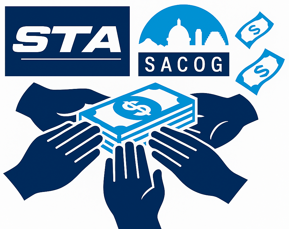 The image features logos (STA, SACOG) and hands surrounding a stack of money, symbolizing collaboration in funding or support.