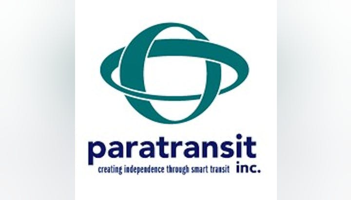A logo with green and blue designs above the word "paratransit inc." with a tagline about smart transit.