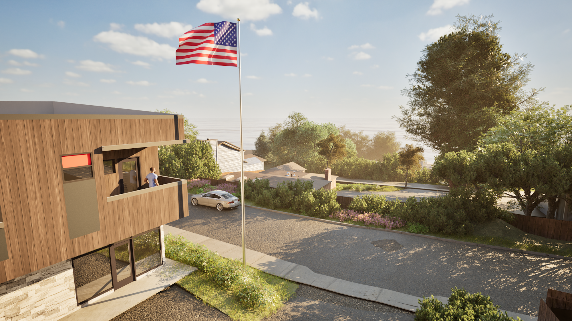 Modern house with a balcony, a person, a parked car, and an American flag, set in a suburban neighborhood with trees.