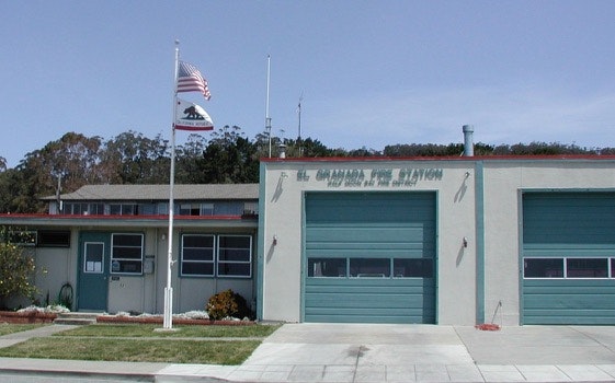 firestation with flag pole