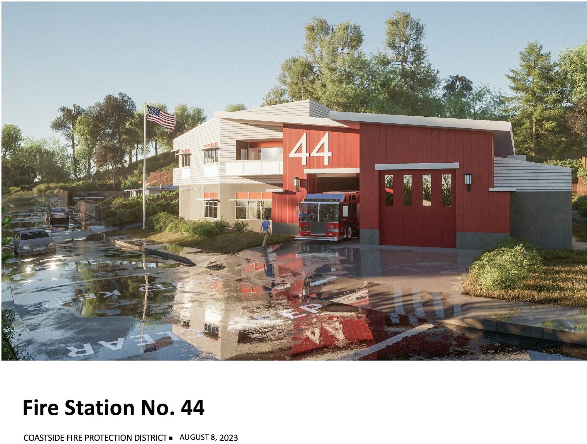 A modern fire station with a fire engine, large number "44," wet ground, and American flag.