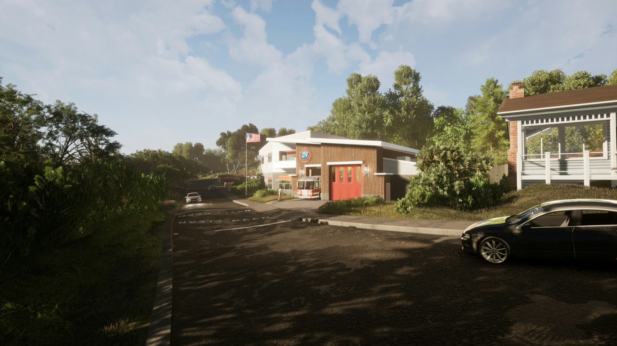A sunny suburban scene with a fire station, American flag, houses, lush trees, and parked cars.