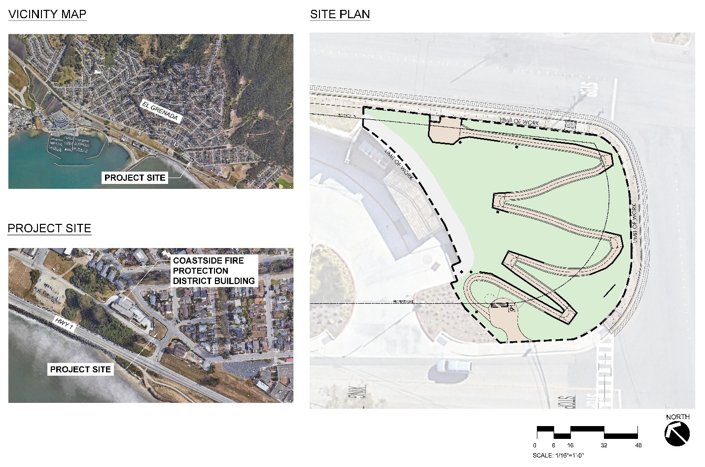 A map showing a project site with vicinity aerial image and a site plan with building layouts, parking, and access roads.