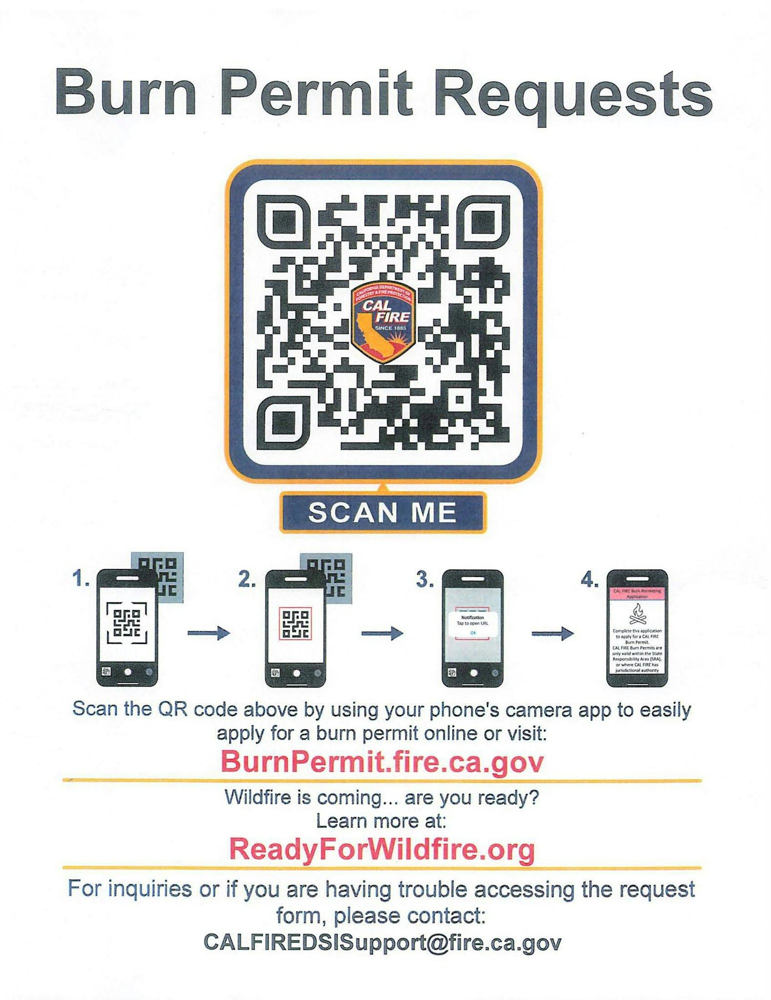 This image provides instructions to scan a QR code for burn permit requests from CAL FIRE, with links for wildfire readiness.