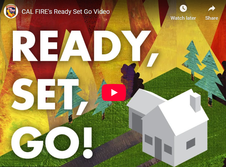 Text "READY, SET, GO!" with a CAL FIRE logo, forest background, and a house graphic.