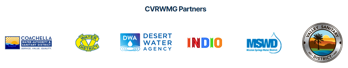 The image shows logos of various water agencies and districts, labeled as CVRWMG Partners, promoting water service and quality.