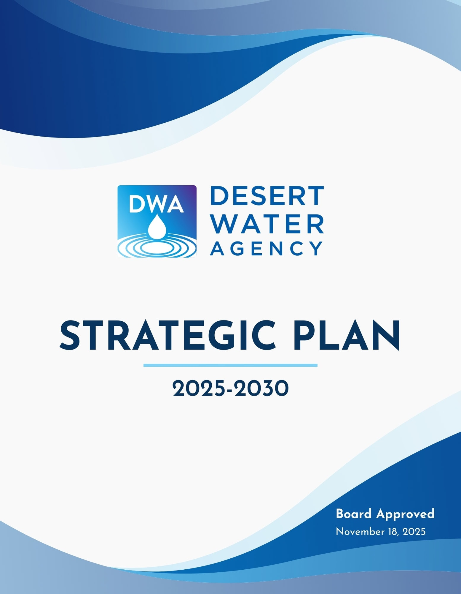 The image displays the Desert Water Agency's Strategic Plan for 2025-2030, with a board approval date of November 18, 2025.