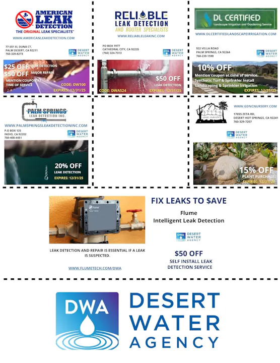 The image features various promotions for leak detection services and discounts from multiple companies, alongside Desert Water Agency branding.