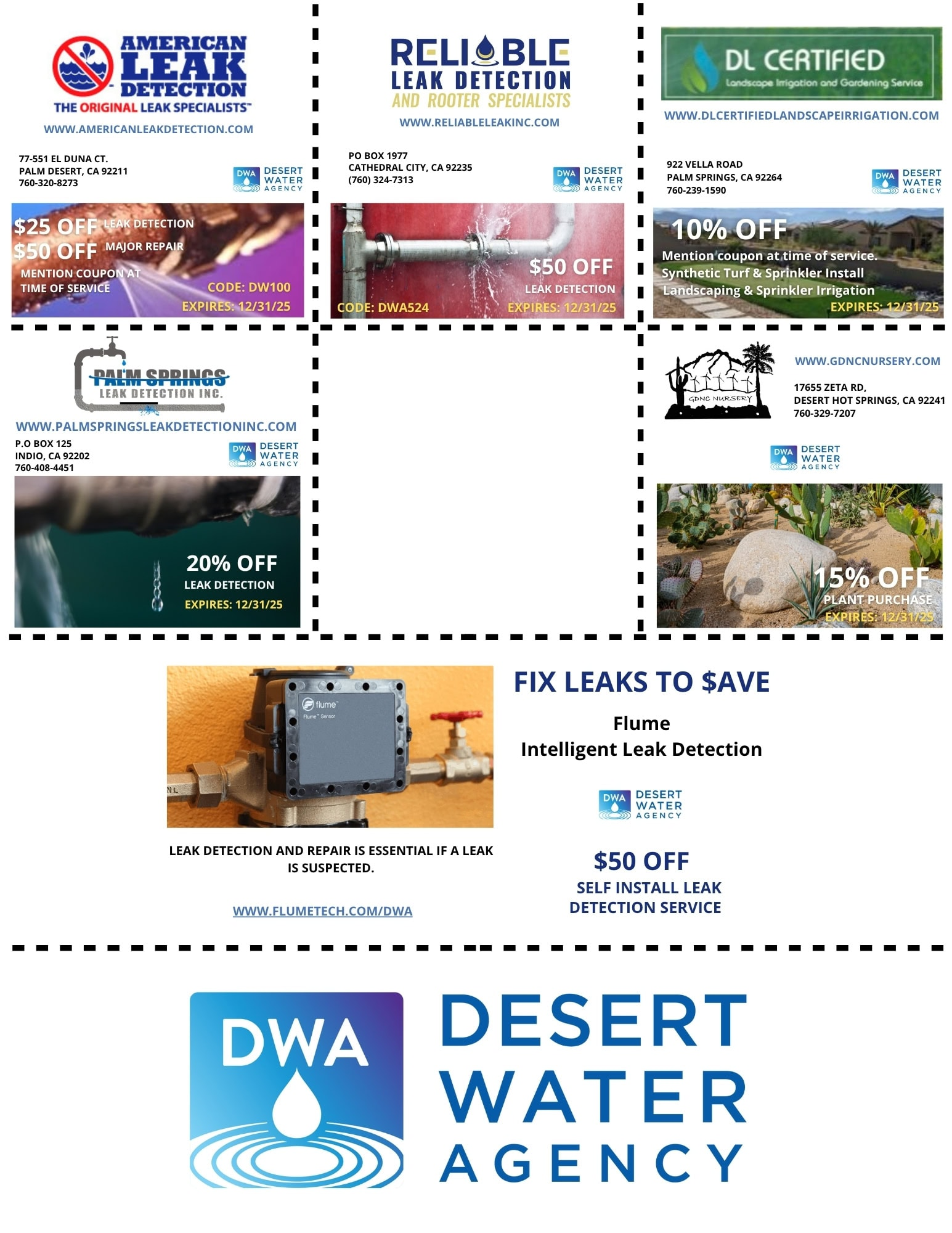 The image features various promotions for leak detection services and discounts from multiple companies, alongside Desert Water Agency branding.
