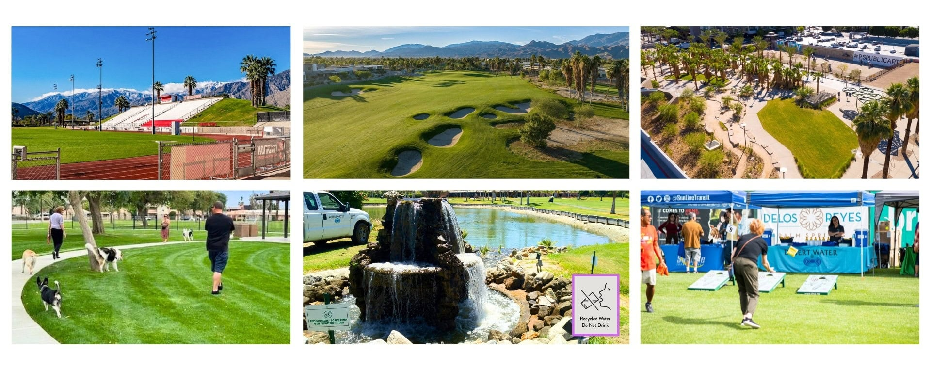 A collage showcasing outdoor activities: sports fields, a golf course, dog walking, a water feature, and community events.
