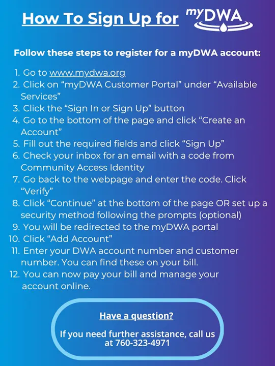 Instructions on signing up for a myDWA account, including steps to access the portal and manage your account online.