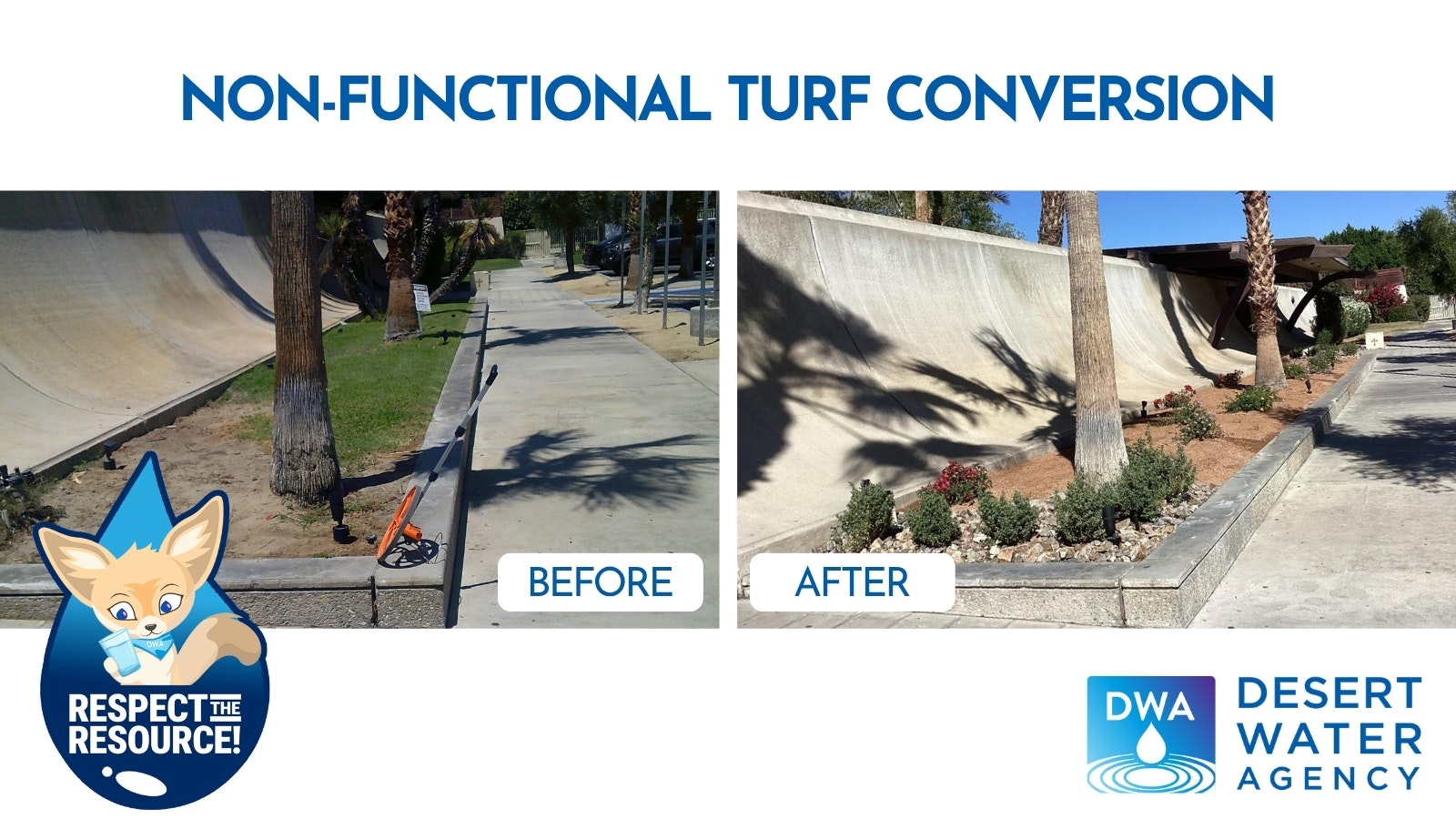 The image shows a non-functional turf conversion project: a before-and-after comparison of landscaping improvements.