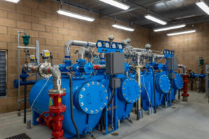 The image shows large blue industrial tanks with pipes and valves, likely part of a water treatment or processing facility.