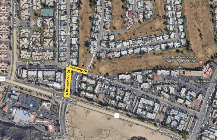 This image is a map showing streets, parks, and nearby locations in Palm Springs, including resorts and a golf club.